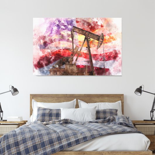 Pumpjack silhouet waterverf met American Flag Canvas Afdruk (Insitu (Slaapkamer))