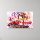 Pumpjack silhouet waterverf met American Flag Canvas Afdruk (Voorkant)