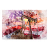 Pumpjack silhouet waterverf met American Flag Foto Afdruk (Voorkant)