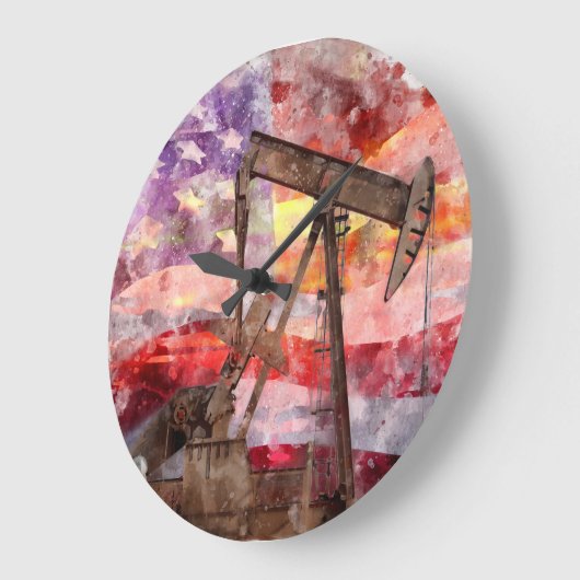 Pumpjack silhouet waterverf met American Flag Grote Klok (Hoek)