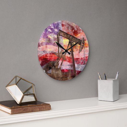 Pumpjack silhouet waterverf met American Flag Grote Klok (Kantoor)