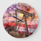 Pumpjack silhouet waterverf met American Flag Grote Klok (Voorkant)
