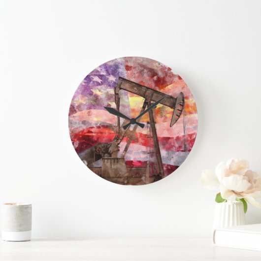 Pumpjack silhouet waterverf met American Flag Grote Klok (Huis)