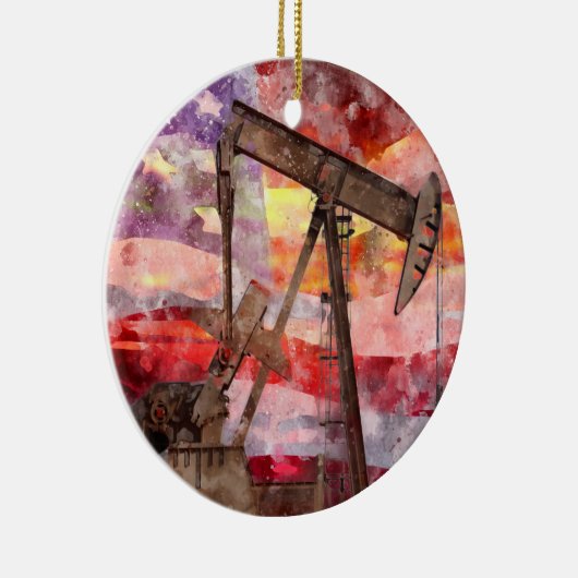 Pumpjack silhouet waterverf met American Flag Keramisch Ornament (Rechts)