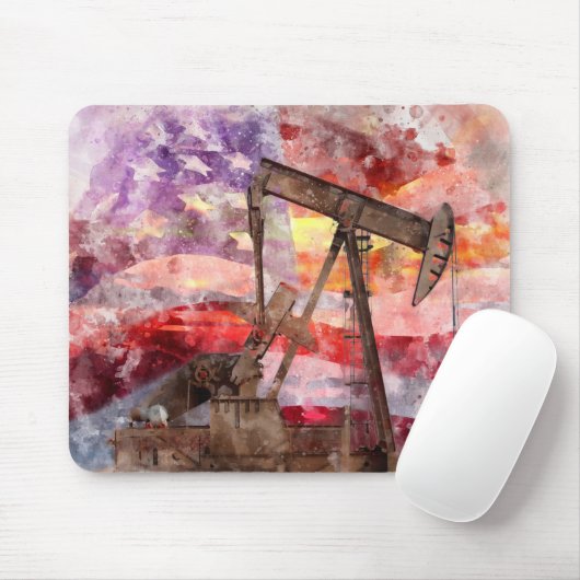 Pumpjack silhouet waterverf met American Flag Muismat (Met muis)