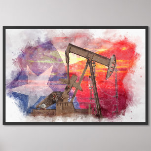 Pumpjack Texaanse icoon pasteltekening met Texas F Foto Afdruk
