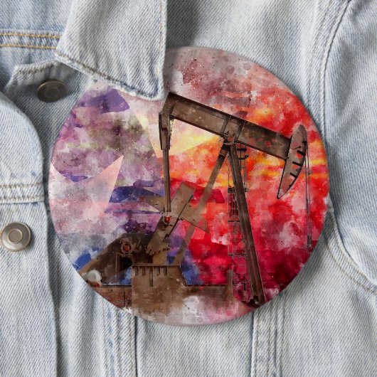 Pumpjack Texaanse icoon waterverf met Texas Flag Ronde Button 6,0 Cm (In situ)