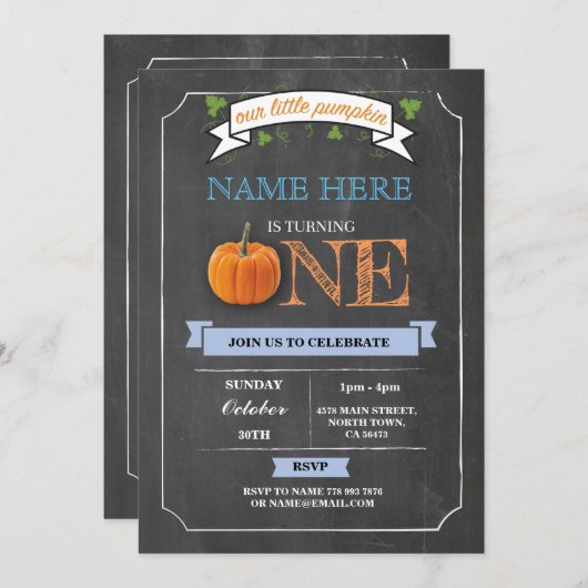 Pumpkin 1e eerste verjaardag van Chalk Invite Kaart (Voorkant / Achterkant)
