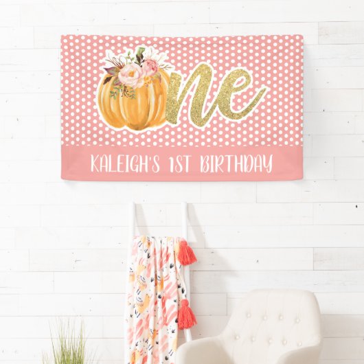 Pumpkin 1st Birthday Banner - Girl Pink Stippen (Insitu)