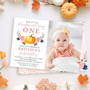 Pumpkin 1st Birthday Foto van Pink Floral Autumn Kaart