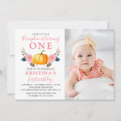 Pumpkin 1st Birthday Foto van Pink Floral Autumn Kaart (Voorkant)
