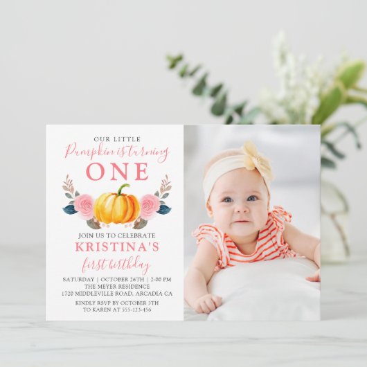 Pumpkin 1st Birthday Foto van Pink Floral Autumn Kaart (Staand voorkant)
