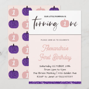 Pumpkin 1st Birthday Invitations Girl Pink Paars Kaart