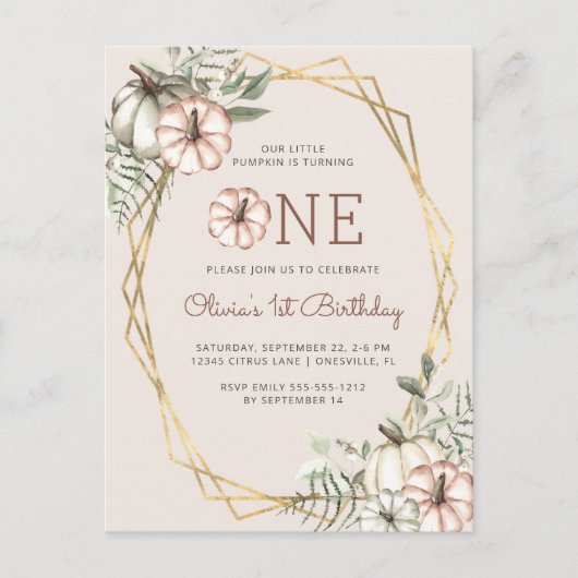 Pumpkin 1st Birthday Party Beige Briefkaart (Voorkant)