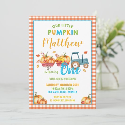 Pumpkin 1st Birthday Party Harvest Truck Boy Kaart (Staand voorkant)