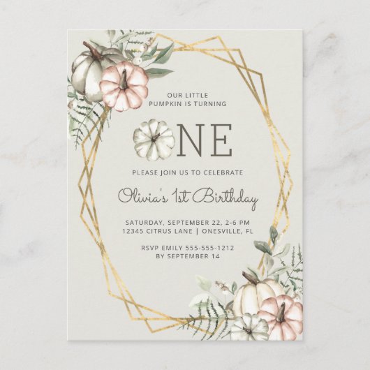 Pumpkin 1st Birthday Party Sage Green Briefkaart (Voorkant)