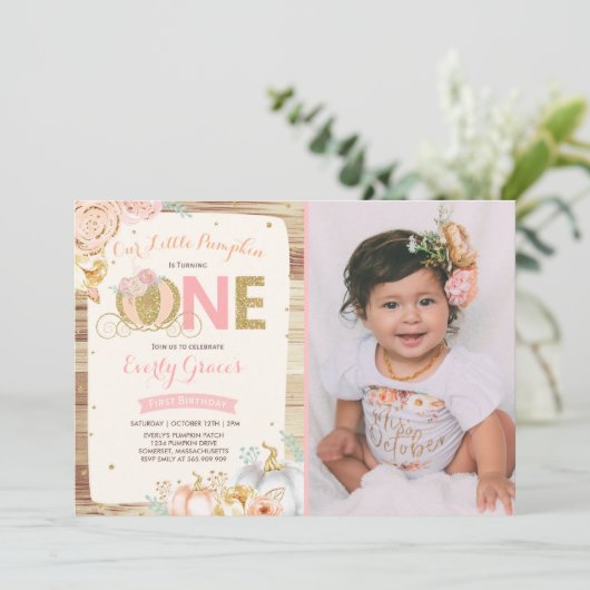 Pumpkin 1st Birthday Uitnodiging Roze Gold (Staand voorkant)