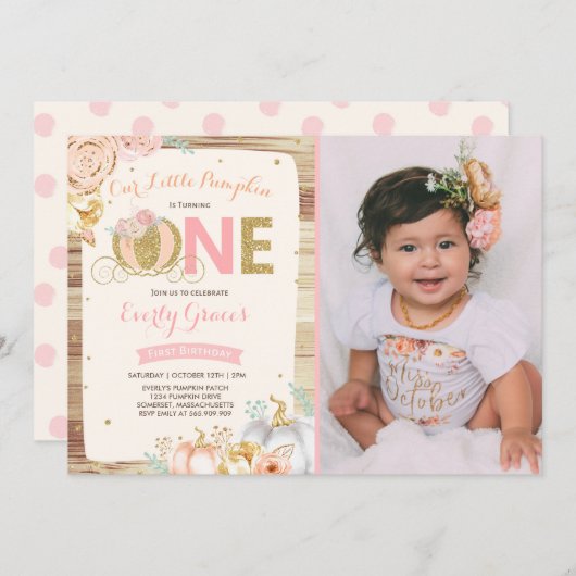 Pumpkin 1st Birthday Uitnodiging Roze Gold (Voorkant / Achterkant)