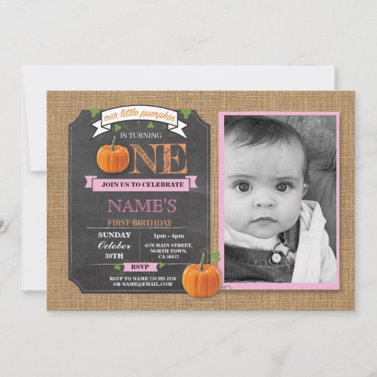 Pumpkin 1st First One Birthday Party Photo Invite Kaart (Voorkant)