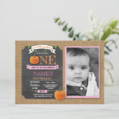 Pumpkin 1st First One Birthday Party Photo Invite Kaart (Staand voorkant)