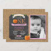 Pumpkin 1st First One Birthday Party Photo Invite Kaart (Voorkant / Achterkant)