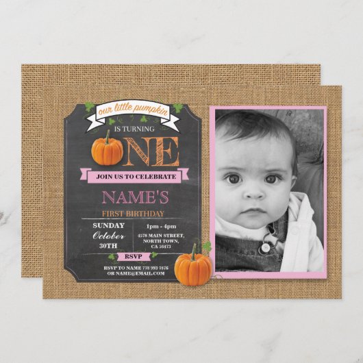 Pumpkin 1st First One Birthday Party Photo Invite Kaart (Voorkant / Achterkant)
