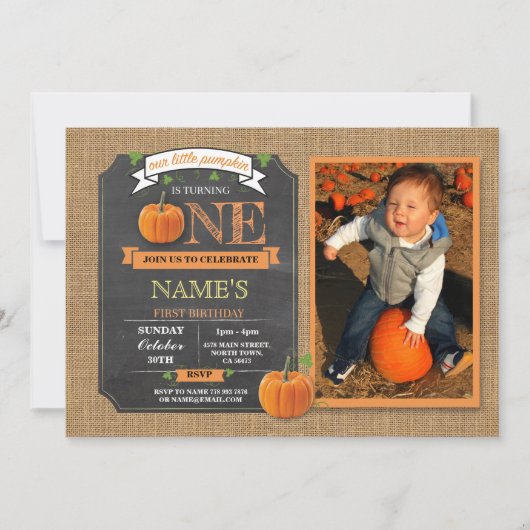 Pumpkin 1st First One Birthday Party Photo Invite Kaart (Voorkant)