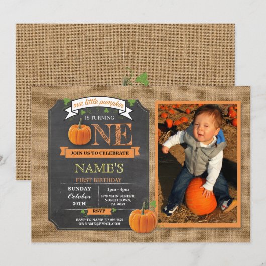 Pumpkin 1st First One Birthday Party Photo Invite Kaart (Voorkant / Achterkant)