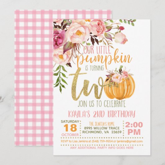 Pumpkin 2ND Birthday Invitation - Floral Plays Kaart (Voorkant / Achterkant)