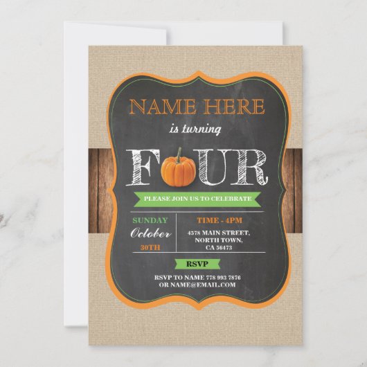 Pumpkin 4th Four 4 Birthday Party Boy Girl Invite Kaart (Voorkant)