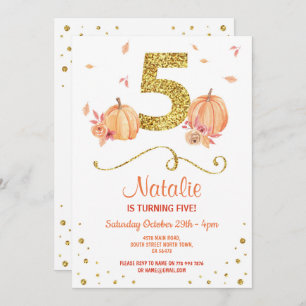 Pumpkin 5th Birthday 5th Herfst Party Gold Invite Kaart