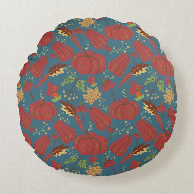 Pumpkin and carrot  seamless pattern red and blue rond kussen (Voorkant)