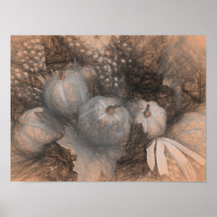 Pumpkin  Antiek Sepia Gray Herfst Schetch Art Poster