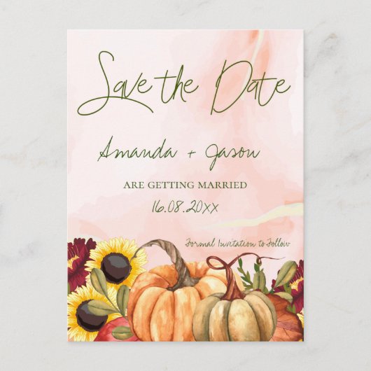 Pumpkin Autumn Floral Fall Wedding Save the Date Briefkaart (Voorkant)
