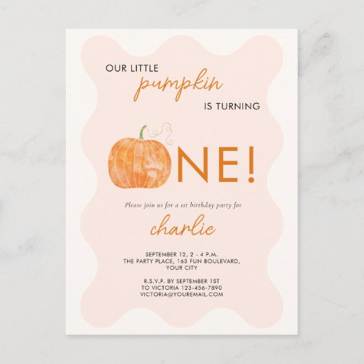 Pumpkin Autumn Herfst Eerste 1e Verjaardagsuitnodi Briefkaart (Voorkant)