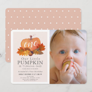 Pumpkin Autumn Leaves Pink Girl Foto 1e verjaardag Kaart