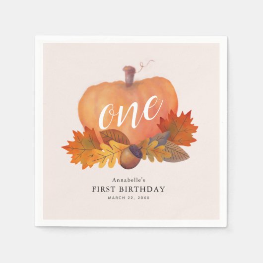 Pumpkin Autumn Leaves Pink Girl Verjaardagspapier Servet (Voorkant)