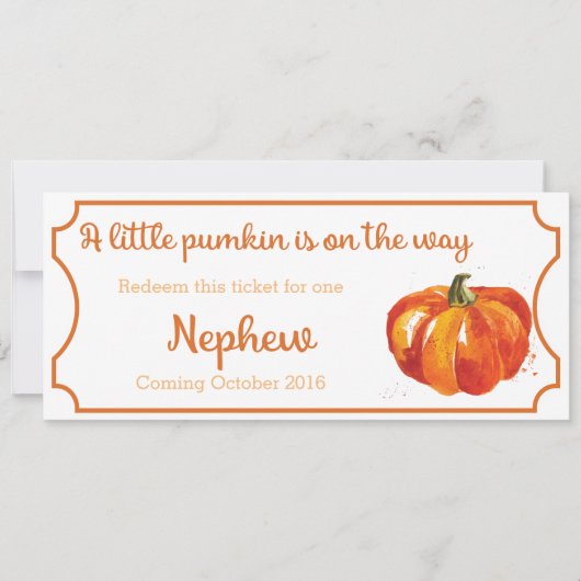 Pumpkin baby aankondiging ticket Newphew (Voorkant)