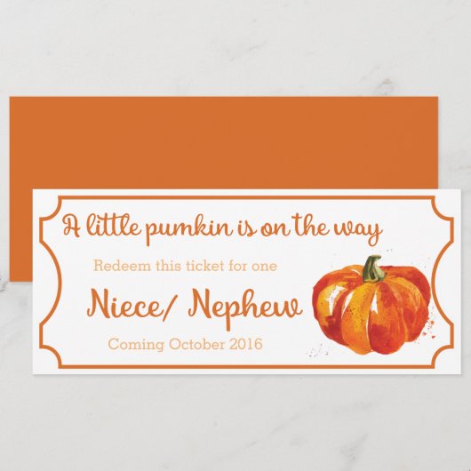 Pumpkin baby aankondiging ticket nicht / neef (Voorkant / Achterkant)