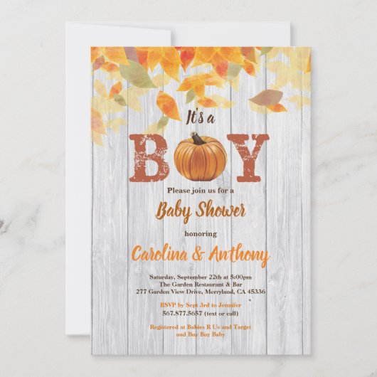 Pumpkin baby douche rustic wood het is een jongen kaart (Voorkant)