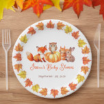 Pumpkin Baby shower Fall Leaves Cute Fox Bunny Owl Papieren Bordje<br><div class="desc">Voor een herfst baby shower met pompoenthema. In het midden is er een pompoen met een uil omgeven door bosdieren: een rode vos naar links, een eekhoorn en een konijn naar rechts. Onder hen, worden de naam en de gelegenheid geschreven in een rood handschrijvend manuscript. Rond hen, aan de grens,...</div>
