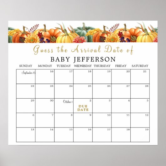 Pumpkin Baby shower Guess Due Date Kalender Poster (Voorkant)