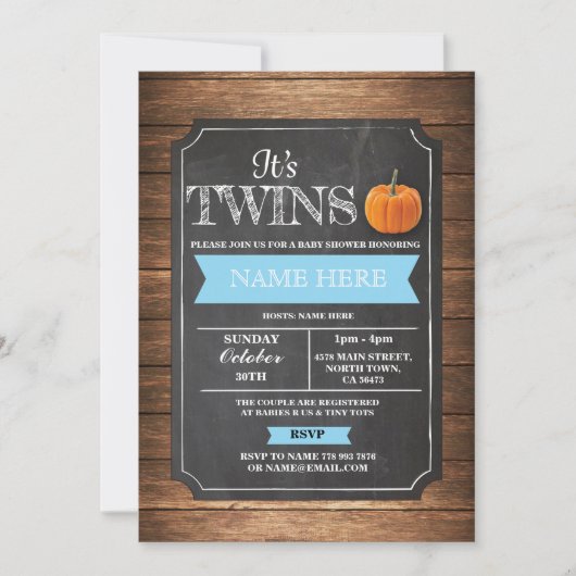 Pumpkin Baby shower Het is Boy Twins Party Invite Kaart (Voorkant)