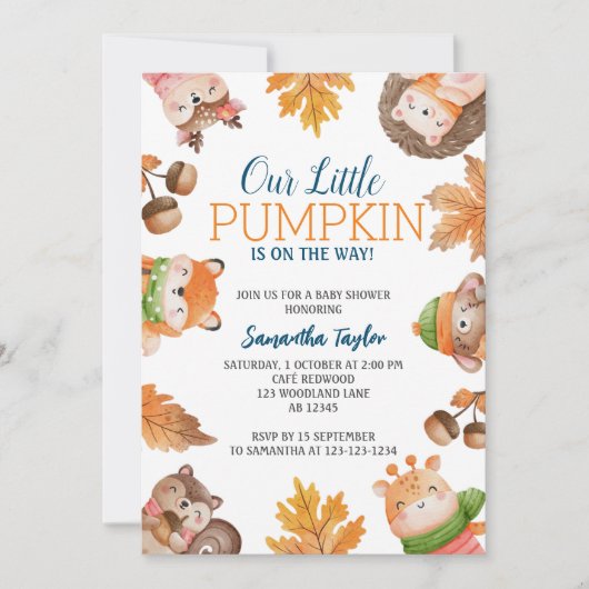 Pumpkin Baby shower Invitation, Herfst Woodland Kaart (Voorkant)