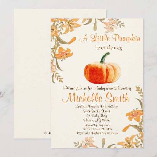 Pumpkin Baby shower Invitation, Little Pumpkin Kaart (Voorkant / Achterkant)