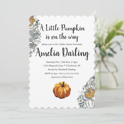 Pumpkin Baby shower Scallop Edge Invitation Kaart (Staand voorkant)