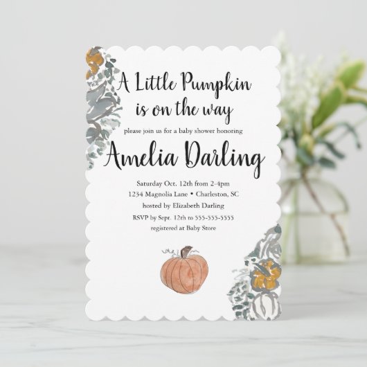 Pumpkin Baby shower Scallop Edge Invitation Kaart (Staand voorkant)