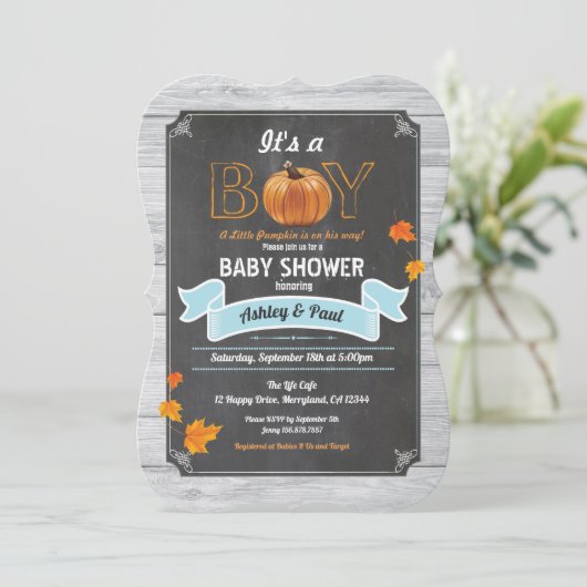 Pumpkin-baby shower-uitnodiging bijtende houtkrijt kaart (Staand voorkant)