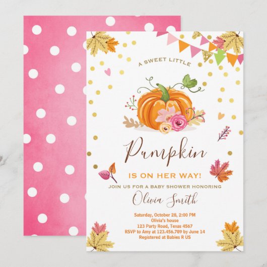 Pumpkin-Baby shower-uitnodiging najaar Herfst roze Kaart (Voorkant / Achterkant)