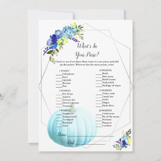Pumpkin-Baby shower Wat zit er in je tas? | Blauw Kaart (Voorkant)